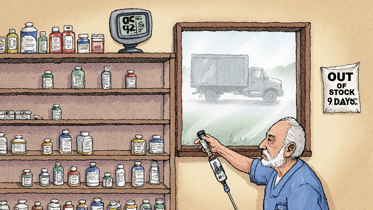An empty pharmacy shelf in a rural clinic with one remaining epinephrine vial and a delivery truck leaving.