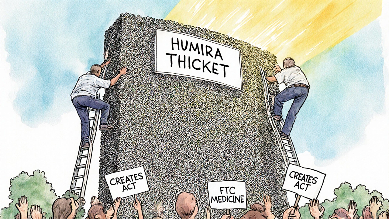 Biosimilars climb a wall of hundreds of patents, with patients below hoping for affordable medicine.