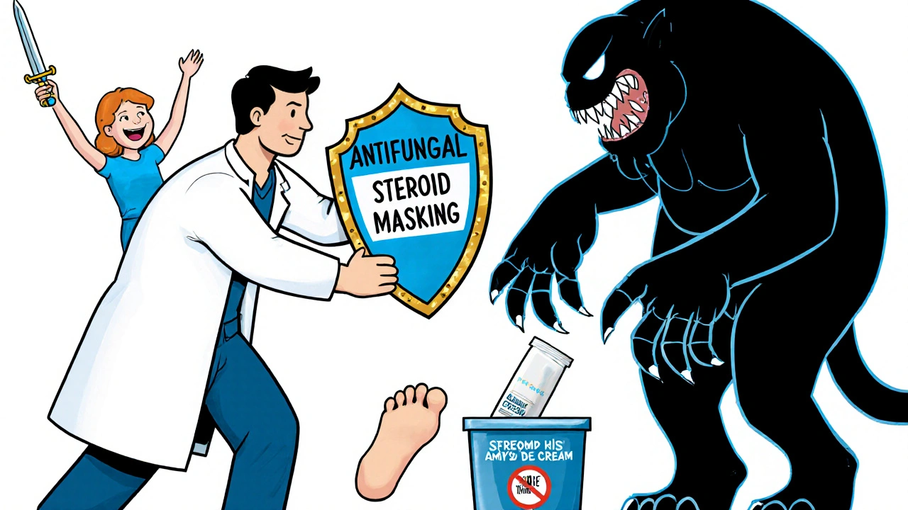 Doctor defends a foot from a fungal monster using antifungal shield, while steroid cream is thrown away.
