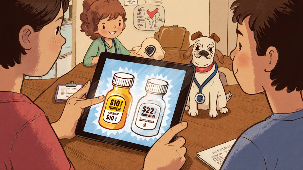 Family comparing drug prices with an authorized generic labeled as the same pills at lower cost.