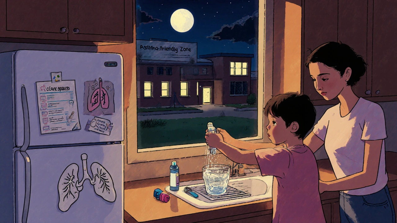 Family washing spacer in kitchen with care plan on fridge