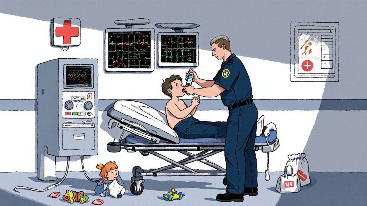 Paramedic giving epinephrine to a patient in a hospital emergency bay, monitors showing critical vitals.