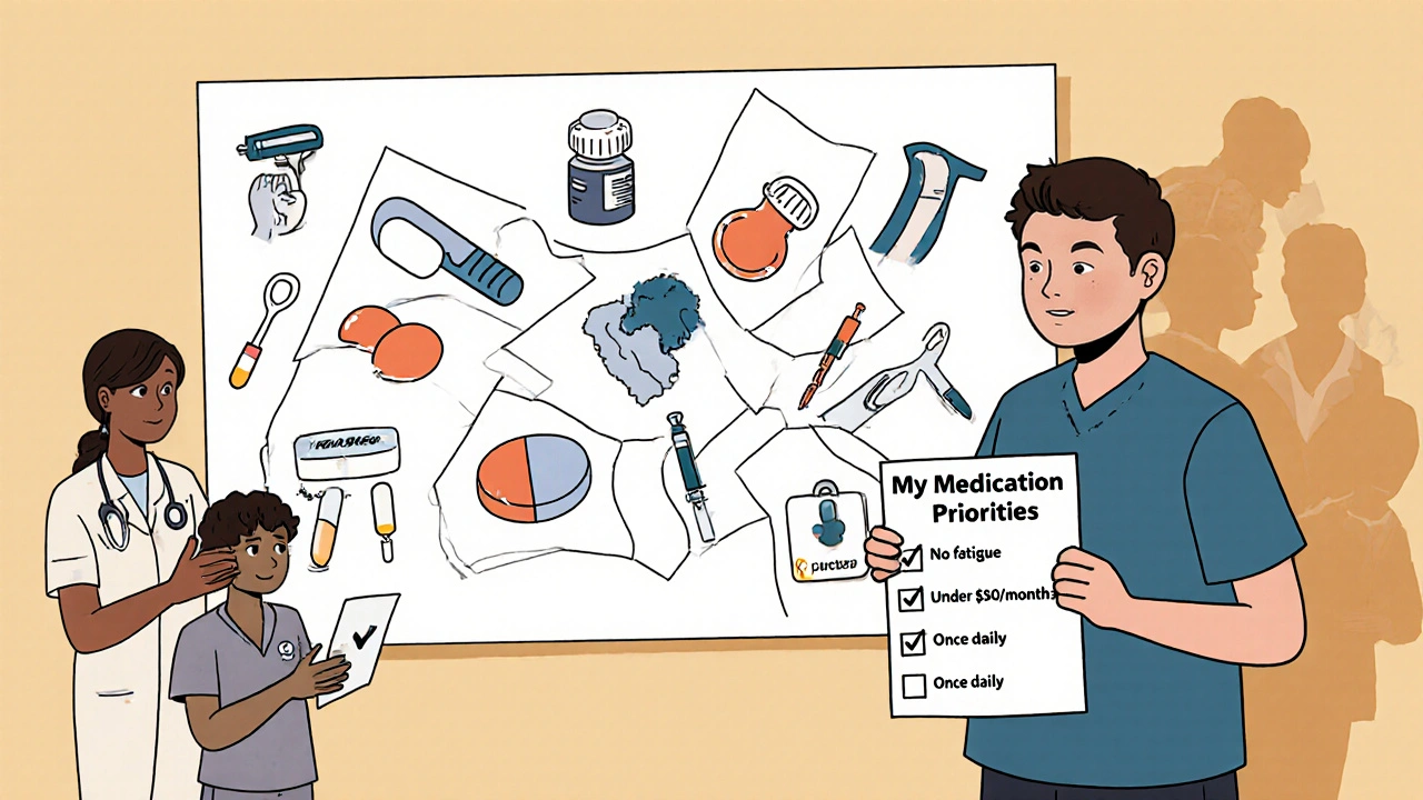 Patient holding a personal medication priorities list as medical options transform into a customized treatment path.
