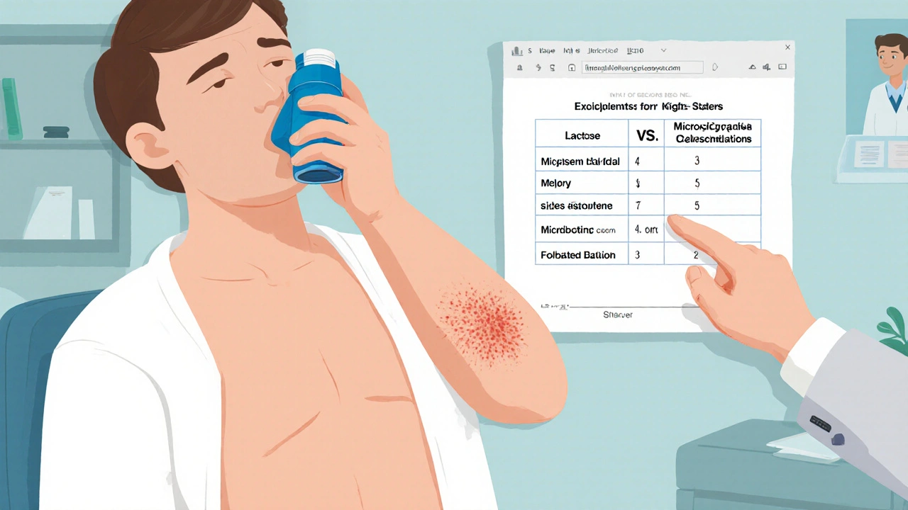 Patient with a rash from a generic inhaler excipient, while pharmacist compares inactive ingredients and sends a secure message to the doctor.