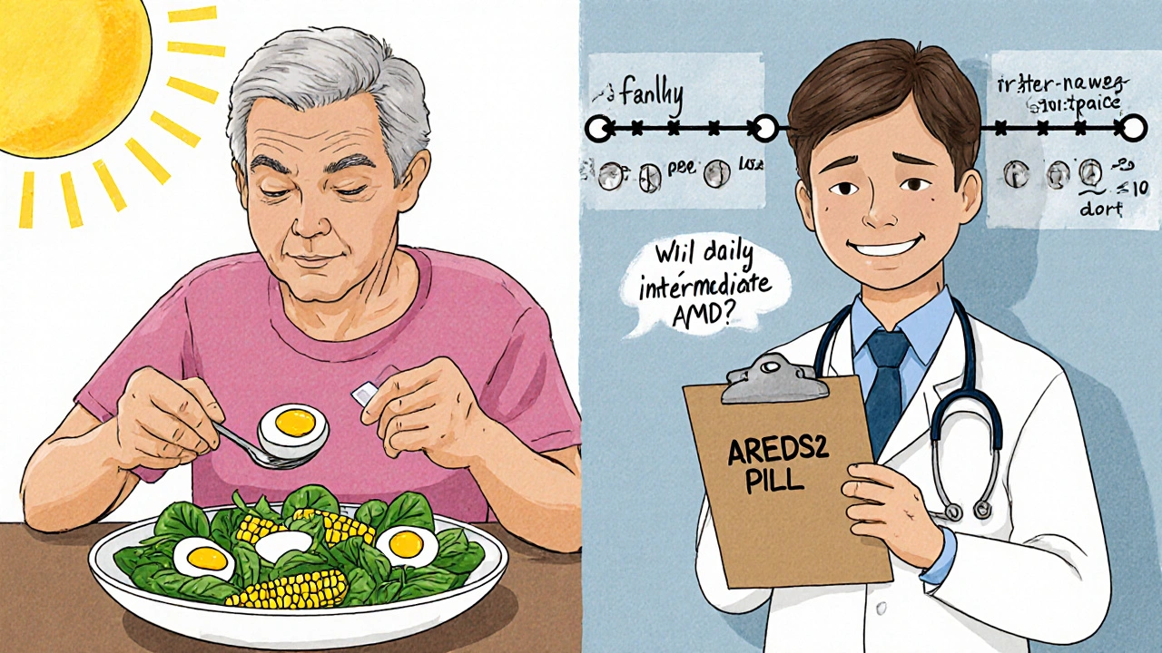Person eating leafy greens on one side, taking AREDS2 pill with doctor on the other, showing AMD progression timeline.