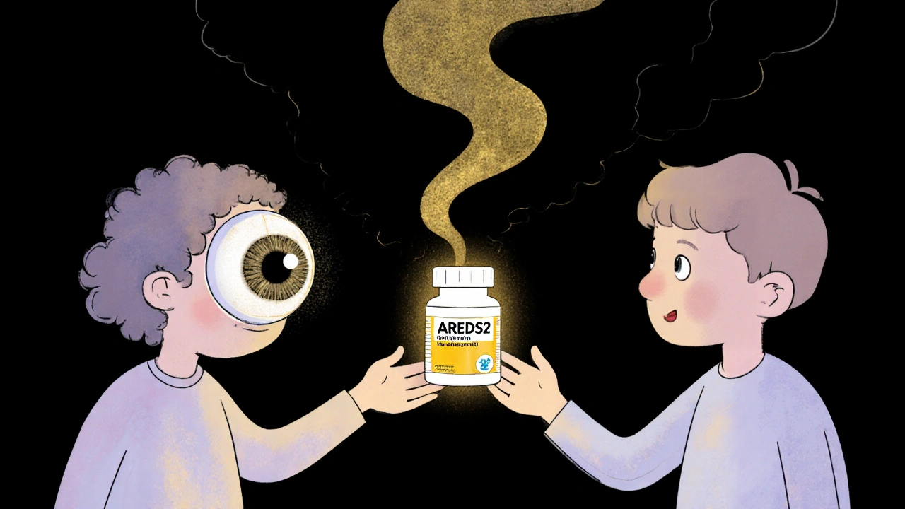 Person with advanced AMD reaching toward a glowing AREDS2 pill that slows vision loss in the other eye.