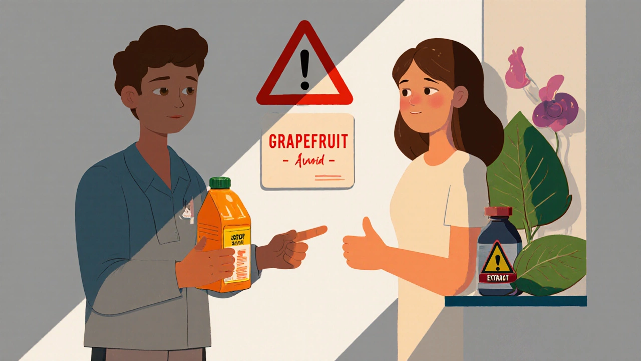 Pharmacist approving pomegranate juice while warning against grapefruit and supplements.