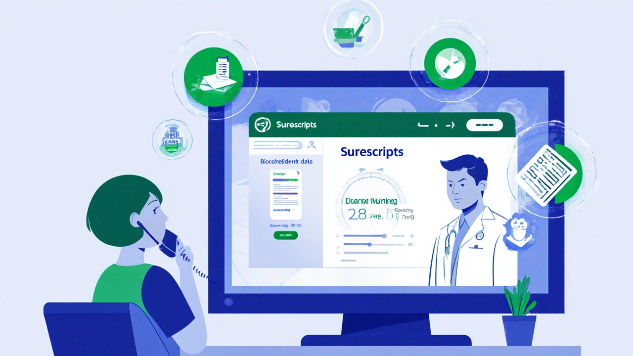 Pharmacist calling a prescriber using a digital system, with bioequivalence data and NTI drug alerts displayed nearby.