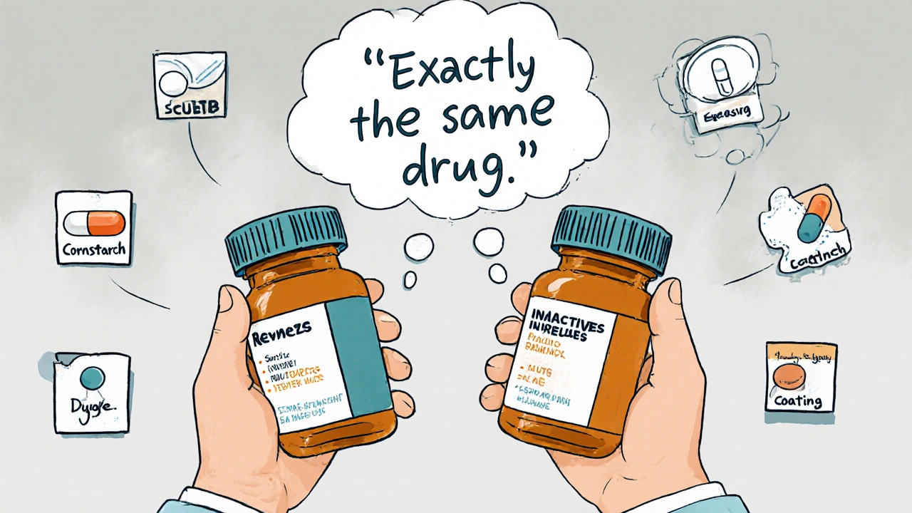 Pharmacist explaining to a patient that two pill bottles contain identical medication.