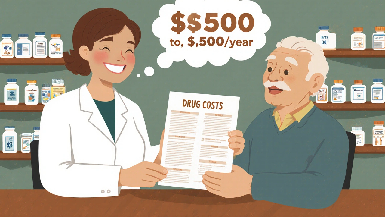 Pharmacist giving a senior a simple cost-comparison sheet with big print at a friendly pharmacy counter.