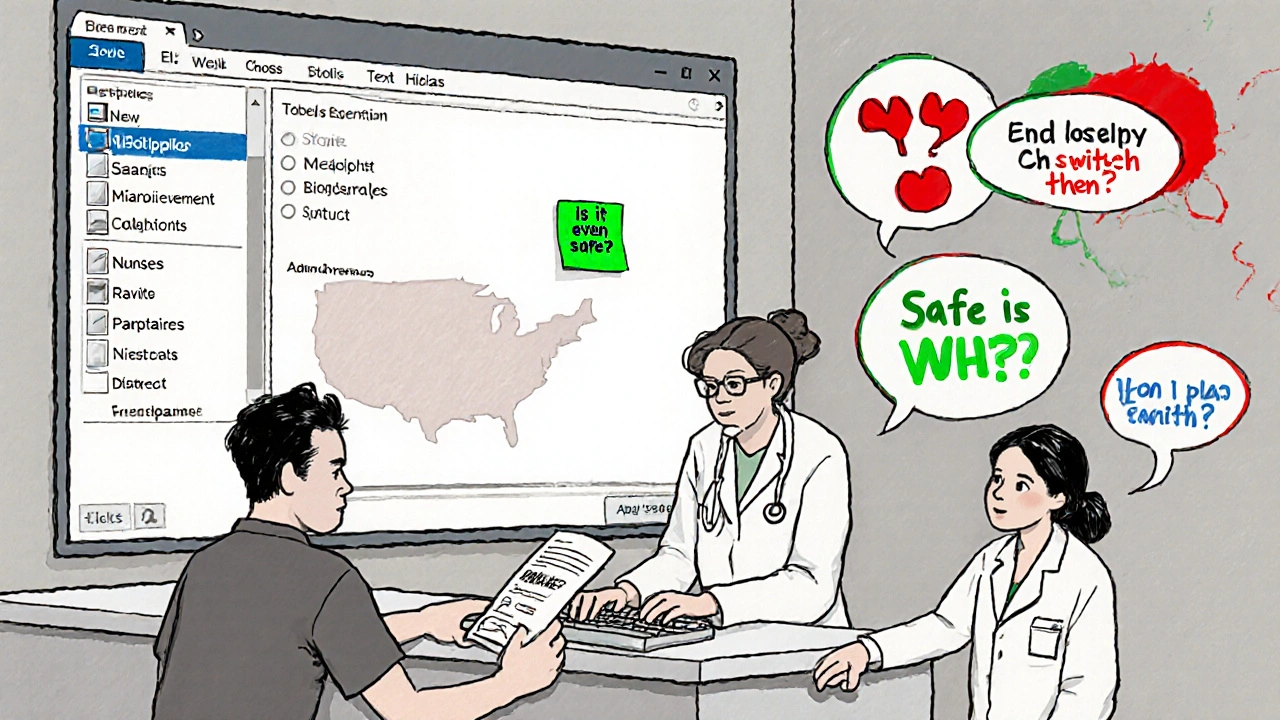 Pharmacist handing prescription while EHR system lacks biosimilar option, nurse typing manually.