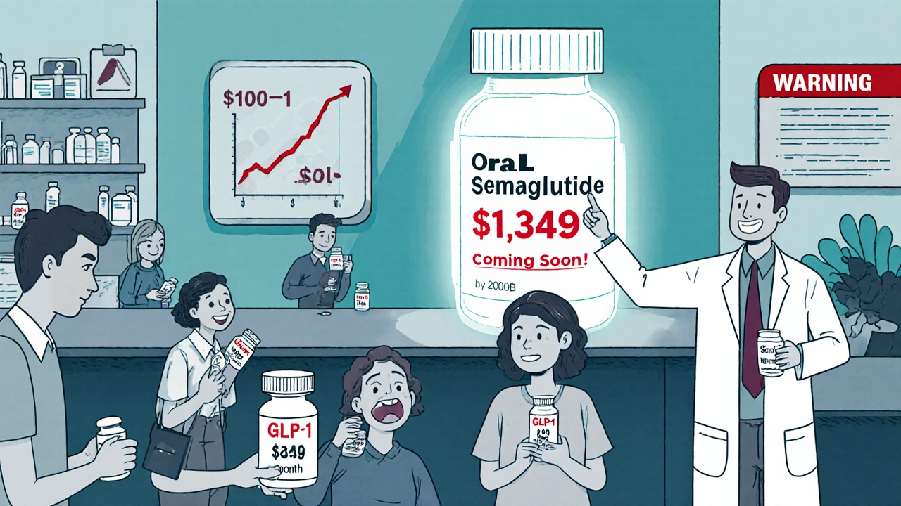 Pharmacy scene with people reacting to high drug prices, futuristic oral pill glowing in background.