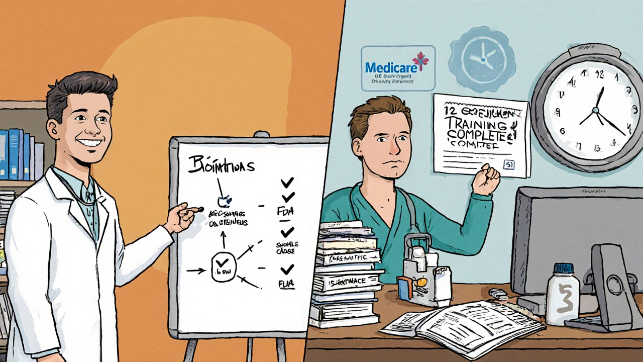 Rheumatologist explains biosimilar to patient while endocrinologist overlooks unopened education materials.