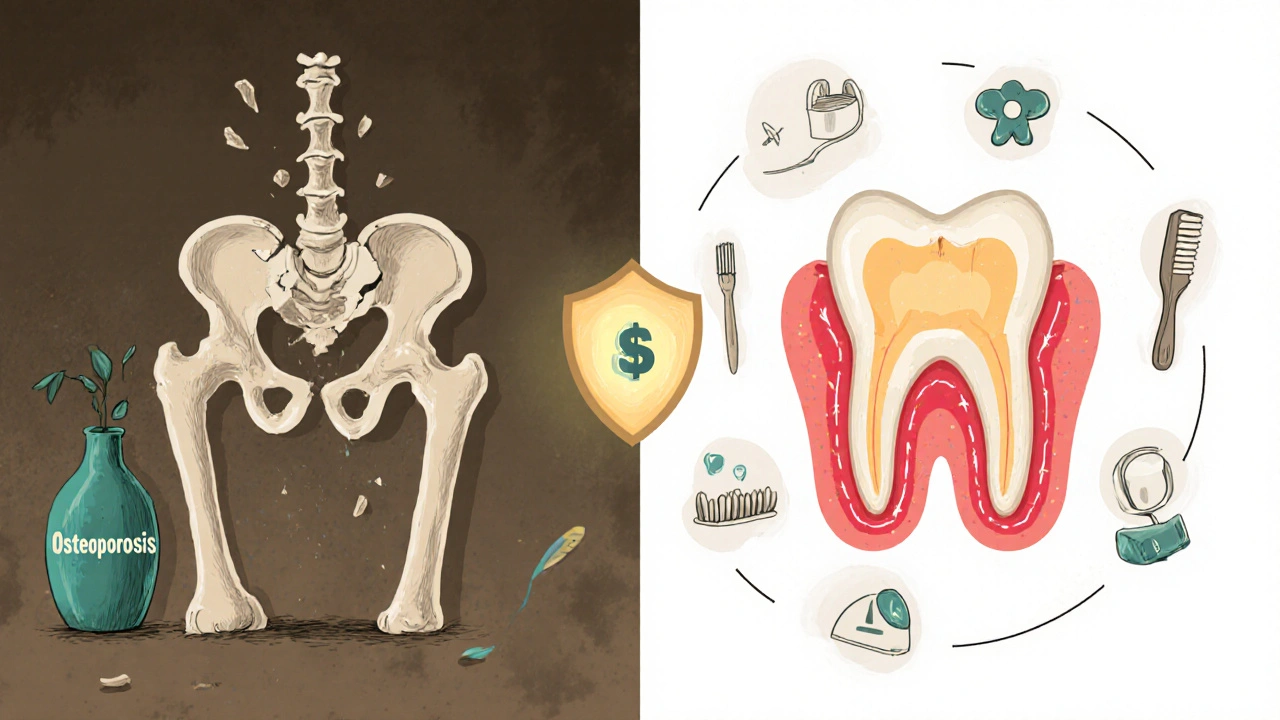 Split illustration comparing fragile hip bone fracture to healthy jawbone with dental care symbols.