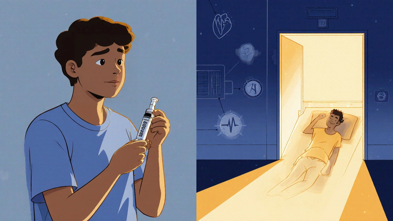Split illustration: hesitation vs. action with epinephrine injector, showing the life-saving difference.