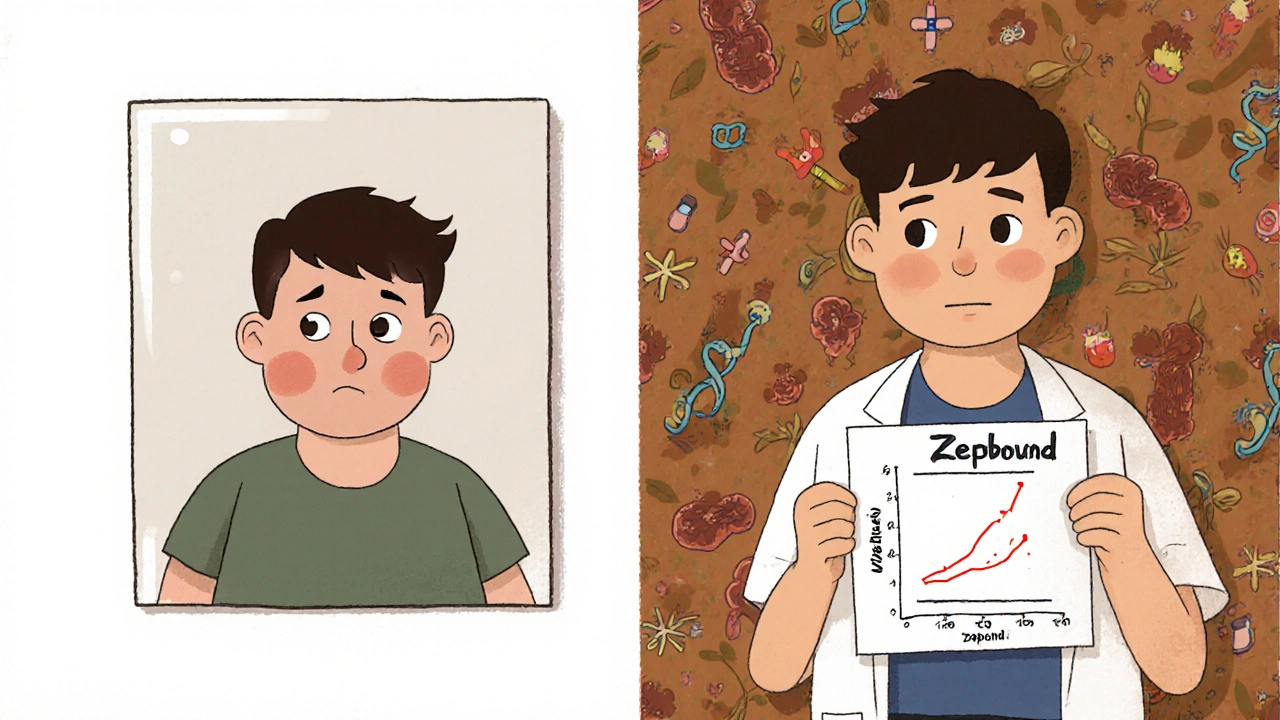Split illustration of a person’s journey from facial fat loss to improved health with medical documentation.