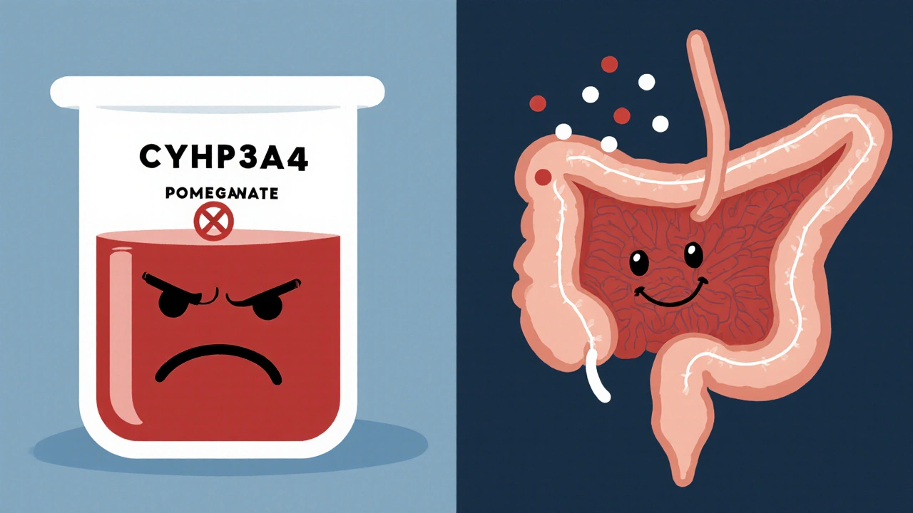 Split illustration showing pomegranate juice harmless in human body versus ineffective in test tube.