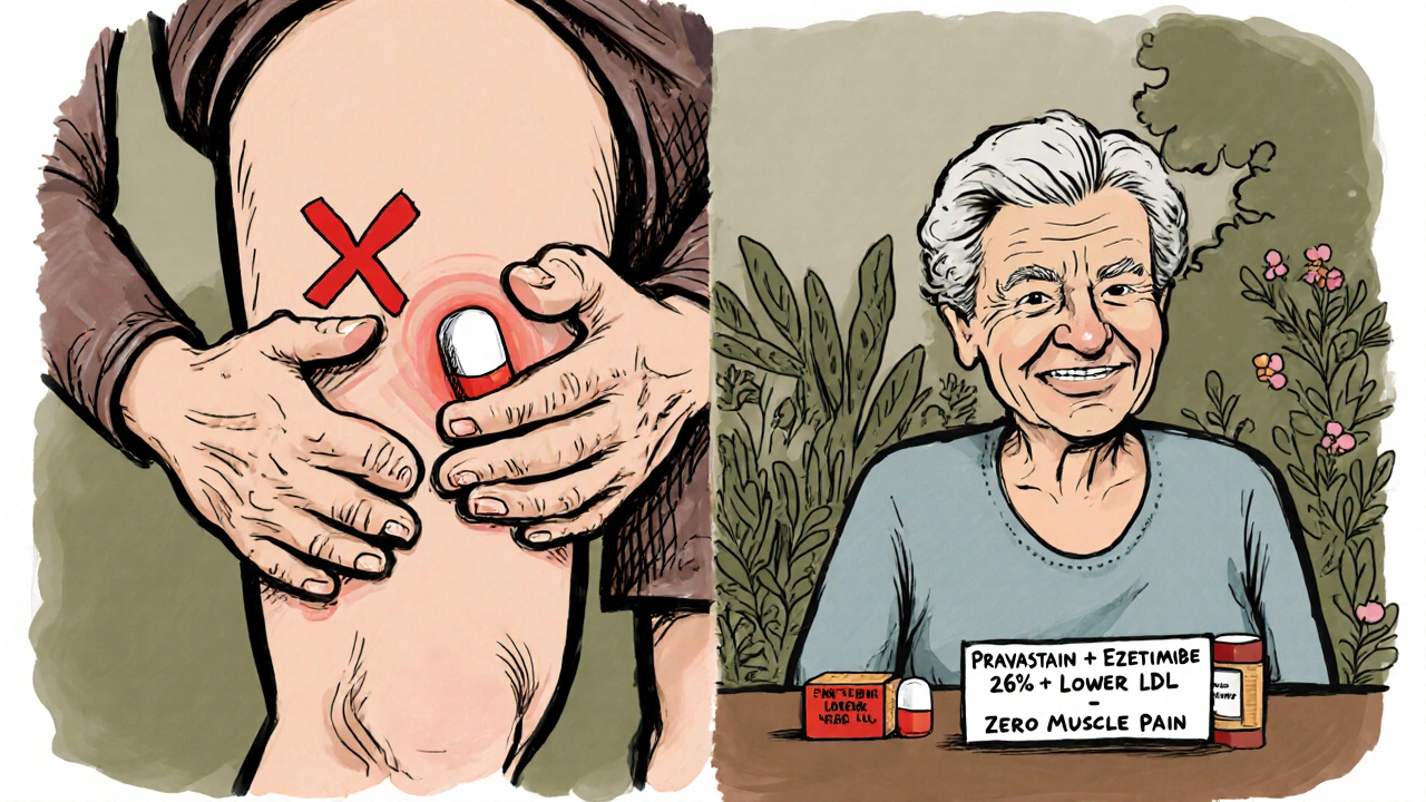 Split image: one side shows muscle pain from other statins, the other shows peaceful gardening with pravastatin.