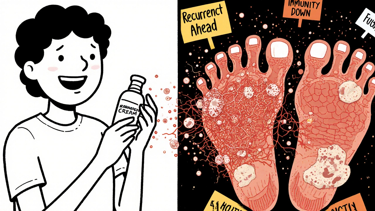 Split image: person applying steroid cream on one side, fungus spreading under skin on the other.