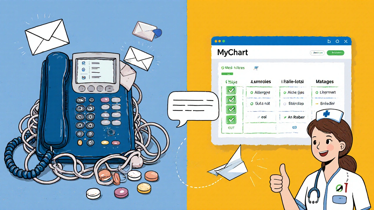 Split scene: chaotic phone office vs. clean digital health portal with auto-filled meds and smiling nurse avatar.