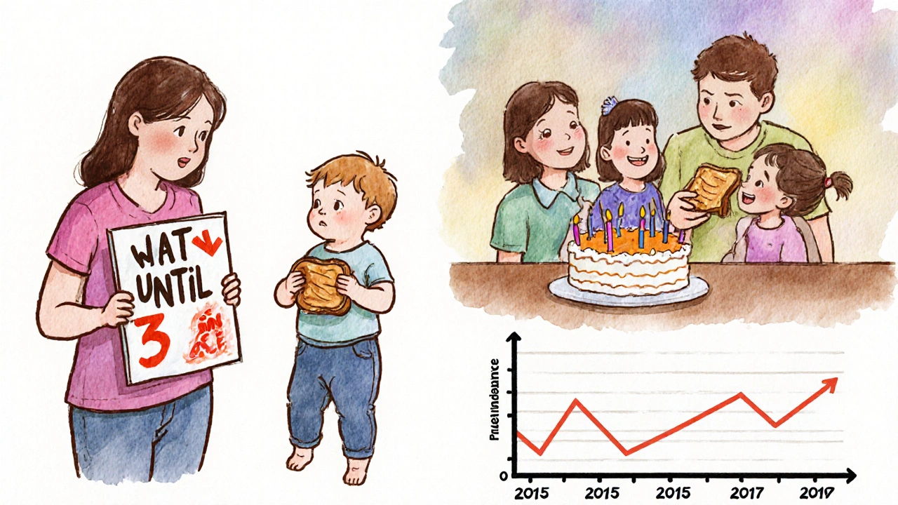 Split scene: hesitant parent vs. joyful family celebrating peanut allergy prevention