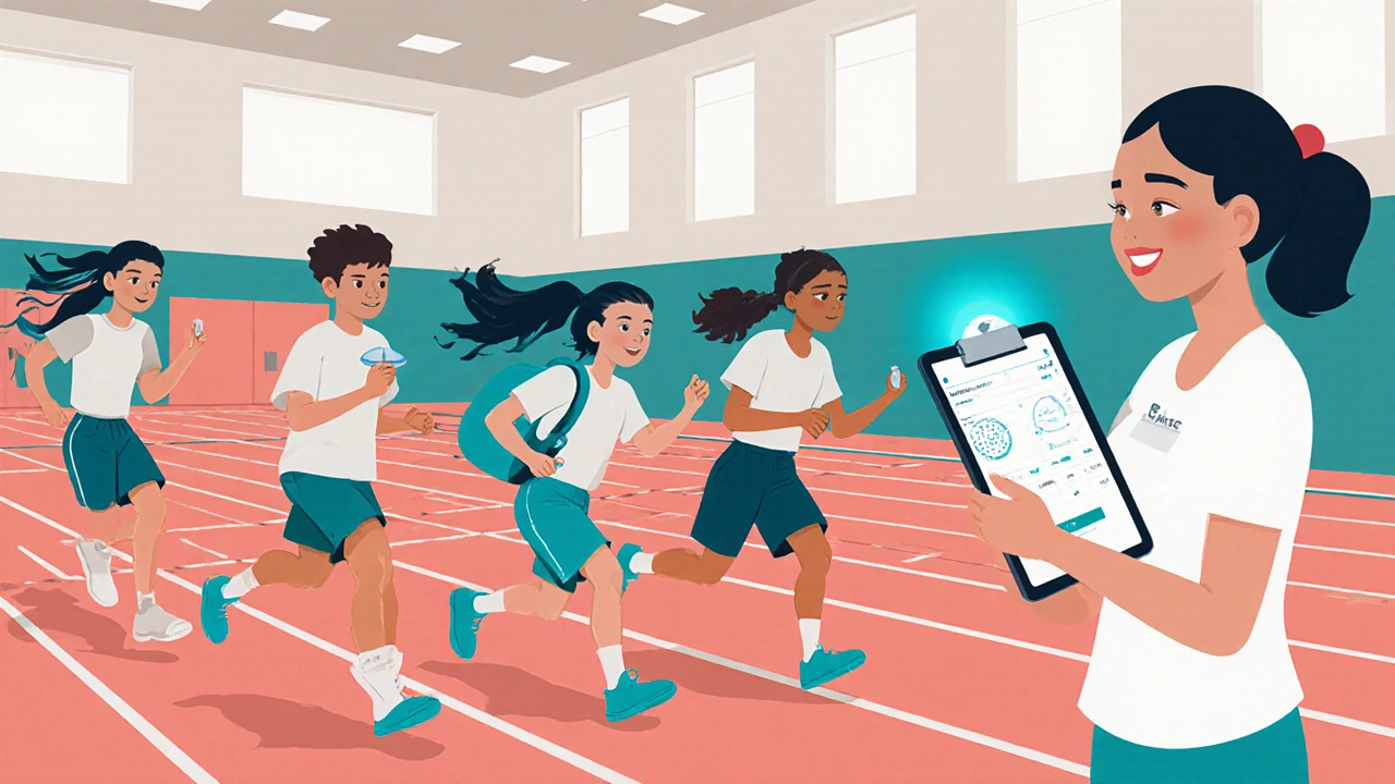 Teenager discreetly using a compact spacer before PE class