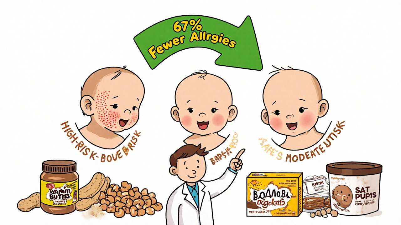 Three babies with different risk levels shown with safe peanut foods and a success chart