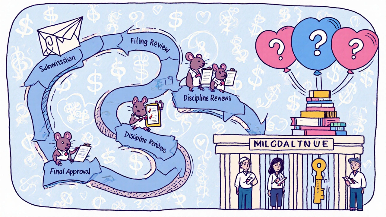 Whimsical flowchart path through a lab showing steps of the ANDA process with scientist mice, question marks, and a golden key unlocking market access.