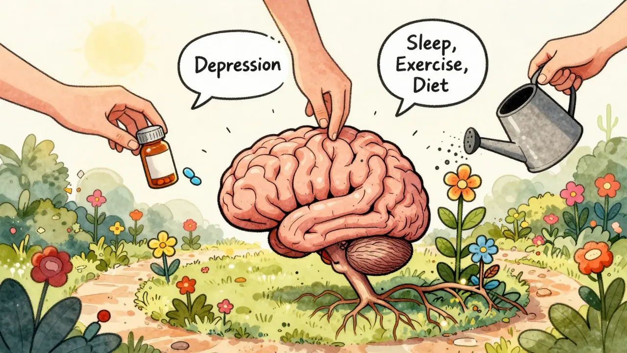 A brain depicted as a garden being healed by medication, therapy, and healthy lifestyle habits with blooming flowers.