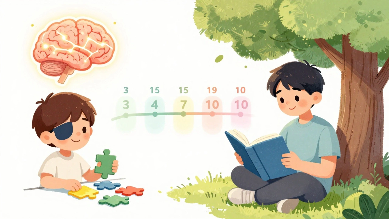 A child wearing an eye patch playing happily, growing into a teen reading confidently, symbolizing vision restoration.