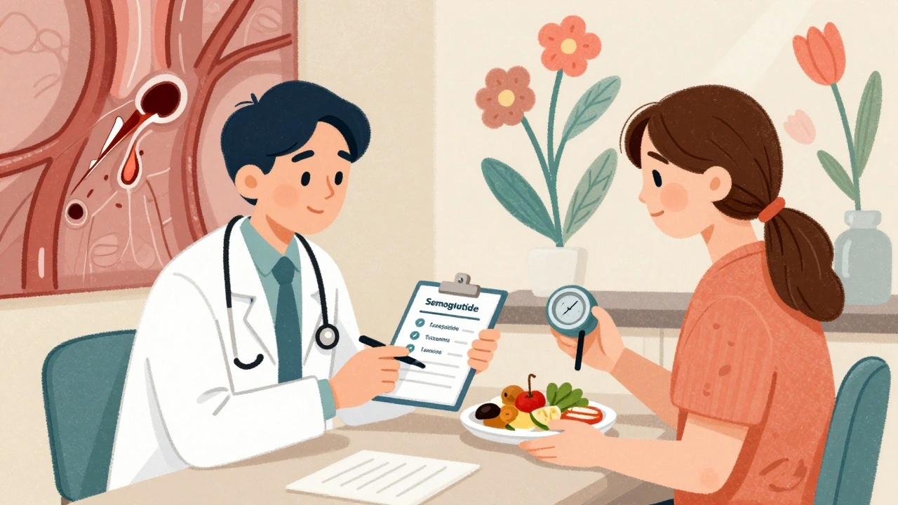 A doctor and patient at a clinic, with healthy food and a pedometer, behind them contrasting images of damaged and healthy arteries.