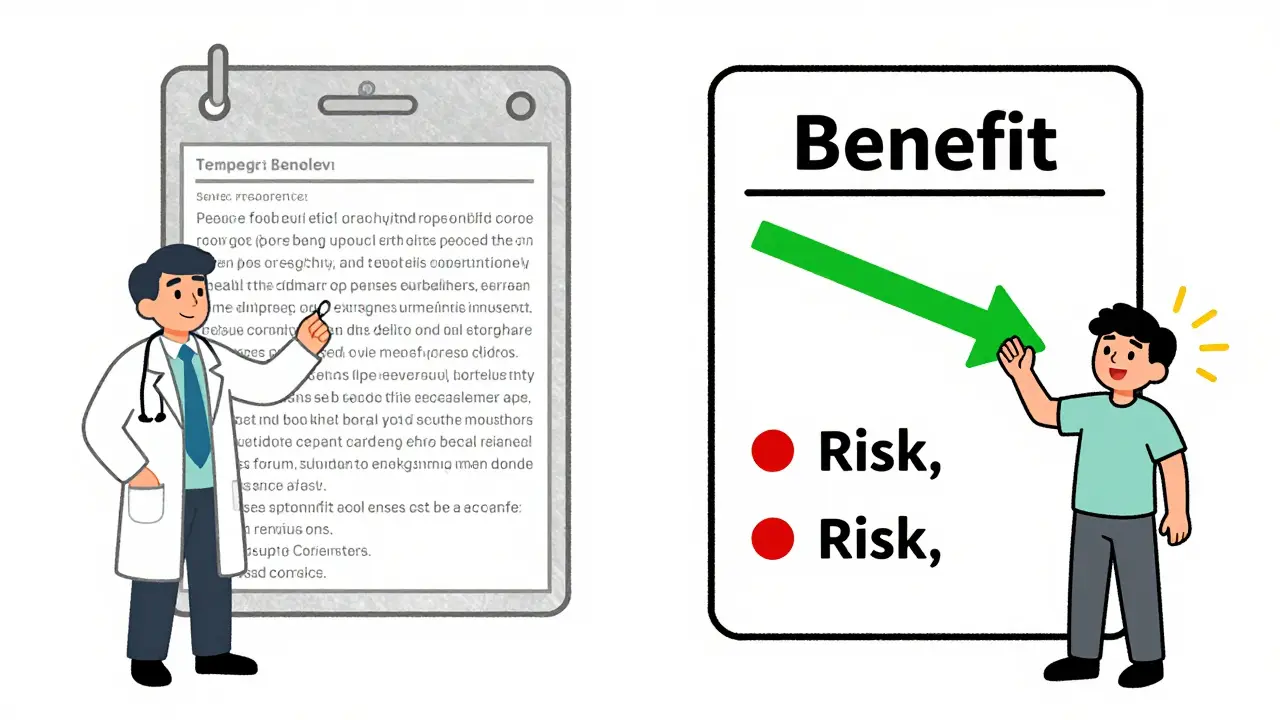 A drug label transformed into simple visual icons showing benefit outweighing risk, with a happy patient holding it.