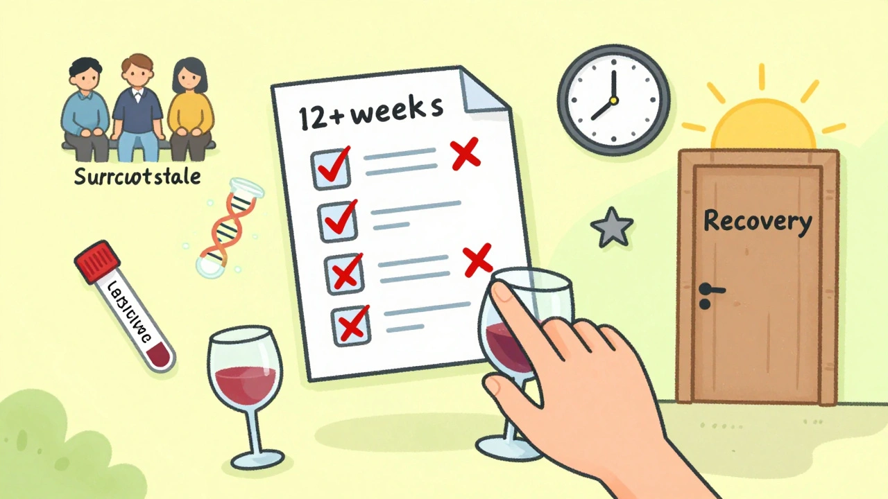 A medical chart with alcohol banned, surrounded by therapy and genetic test icons, a hand pushing away a wine glass.