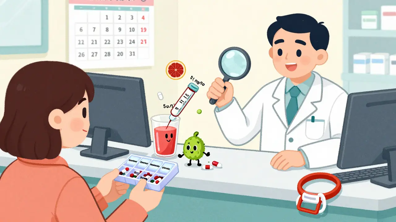 A patient at a pharmacy with pill organizer and blood test vial, while harmful substances like grapefruit juice sneak nearby.