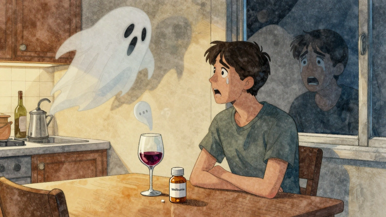 A person at a table with wine and antidepressants, ghostly voices rising from the glass as they look terrified.