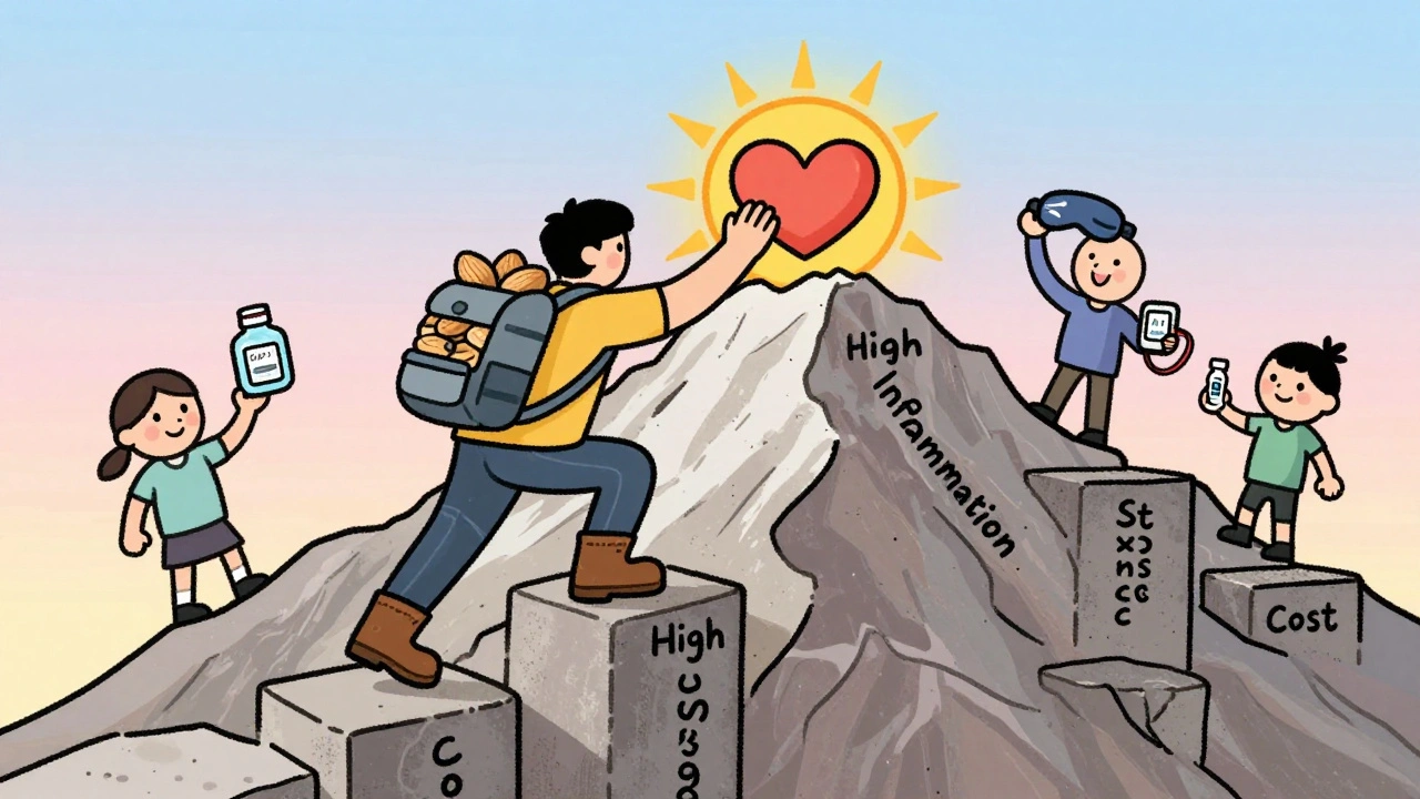 A person climbing a mountain of health obstacles, carrying medication and healthy habits, reaching a heart-shaped sunrise.