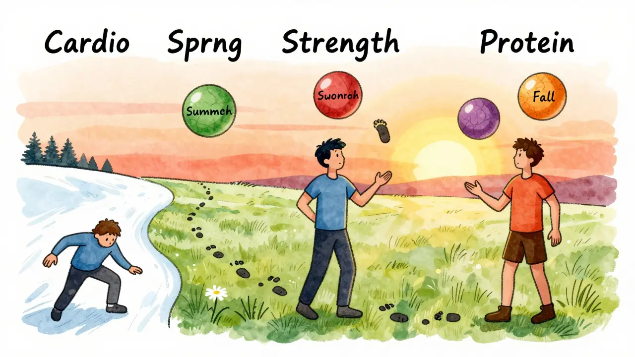 A person juggling cardio, strength, and protein with seasonal footprints leading to a sunset, symbolizing long-term fitness.