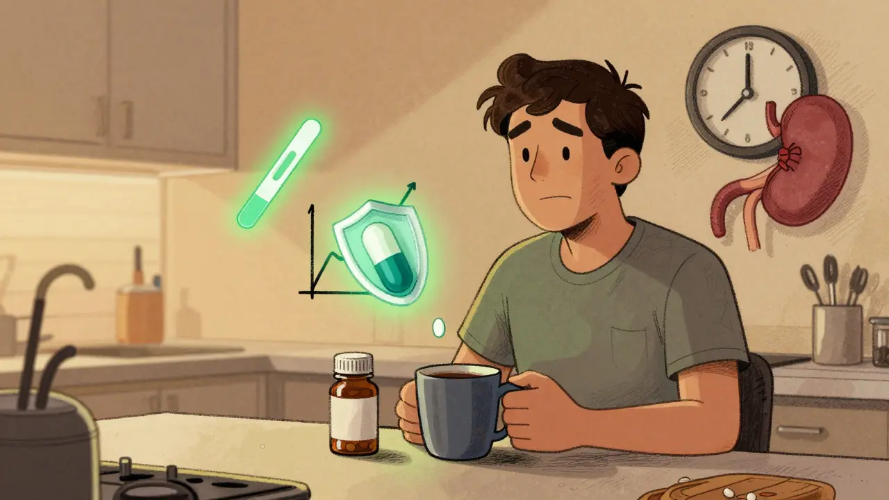 A person taking precautions for NSAID safety with protective icons floating above, illustrated in warm hand-drawn style.