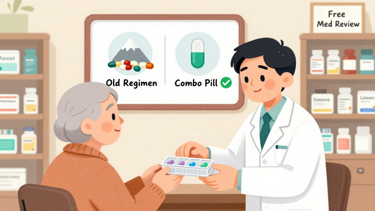 A pharmacist hands a senior a simplified pill organizer in a cozy pharmacy, with a before-and-after chart on the wall.