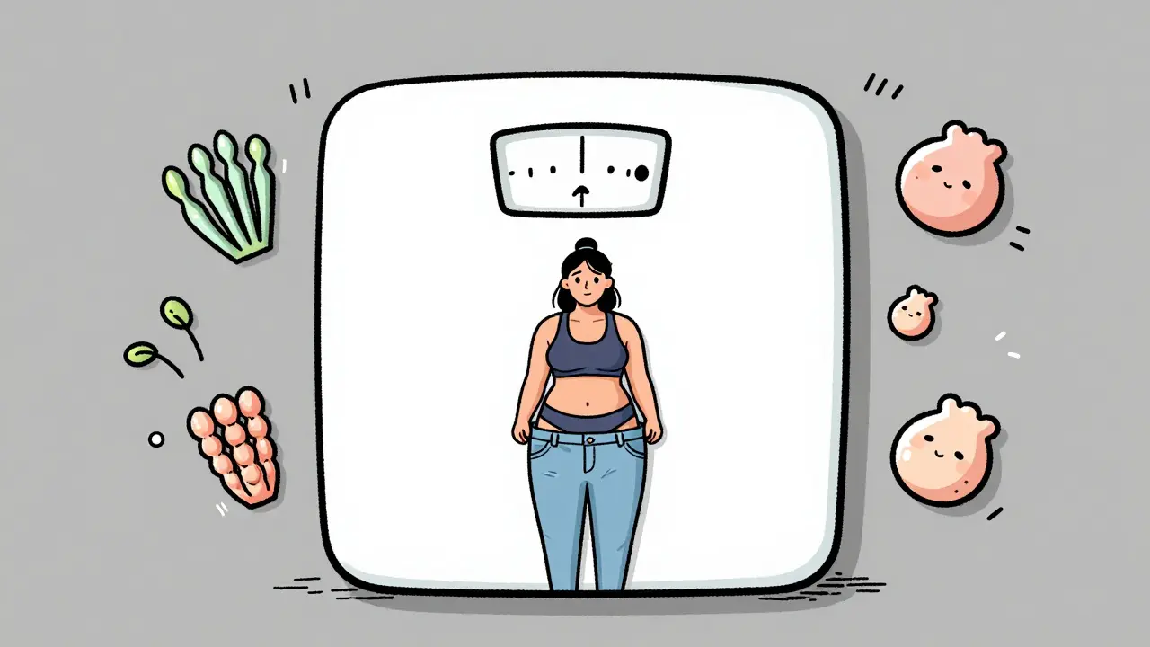 A scale showing no change as someone smiles, their jeans loose despite the same weight, with muscle and fat icons nearby.