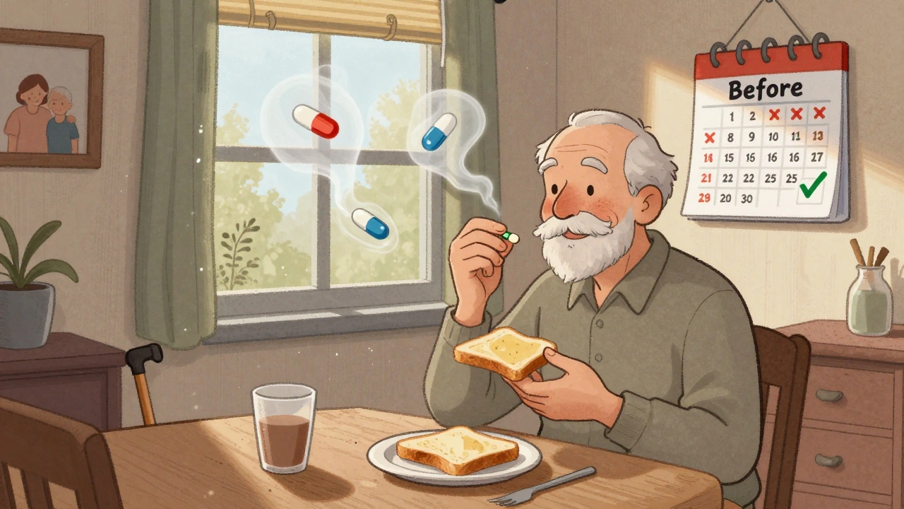 A senior takes one pill at breakfast as ghostly images of his old medications fade away, symbolizing reduced pill burden.