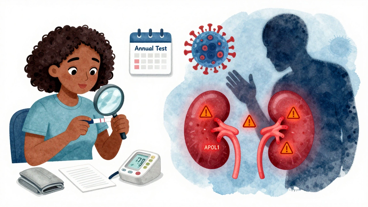 A woman testing urine while a virus approaches a kidney, showing how infection triggers damage.
