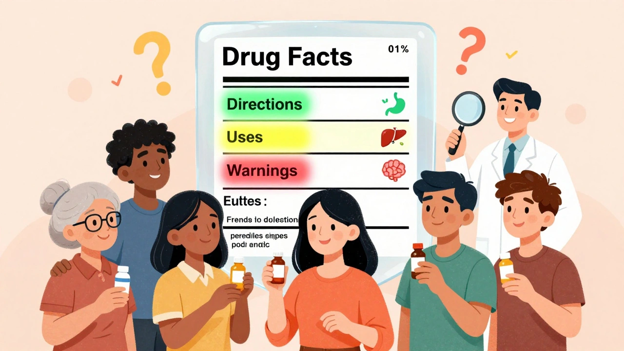 Diverse group of people with a floating transparent drug facts label acting as a protective shield.