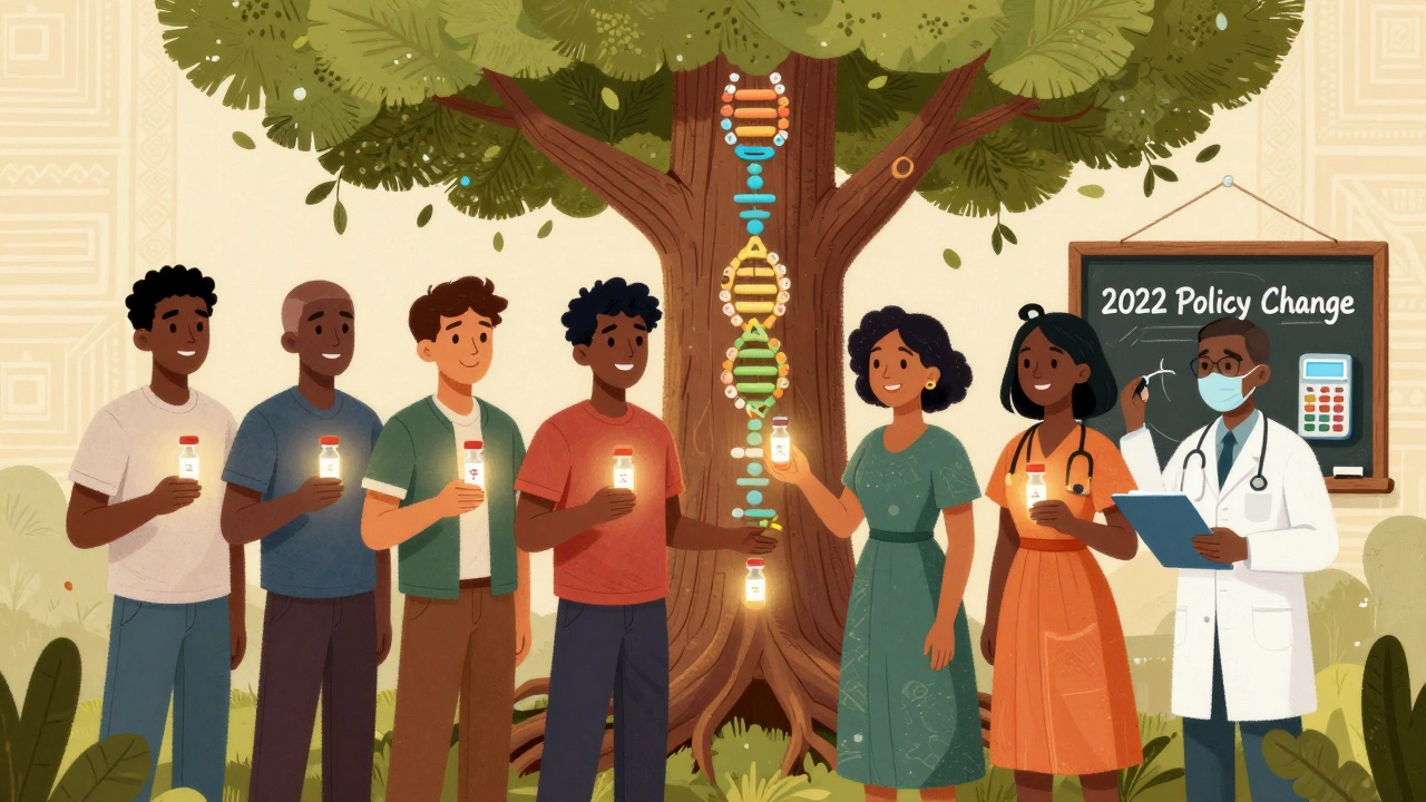 Diverse people holding genetic tests under a tree shaped like APOL1 DNA, replacing race-based medicine.