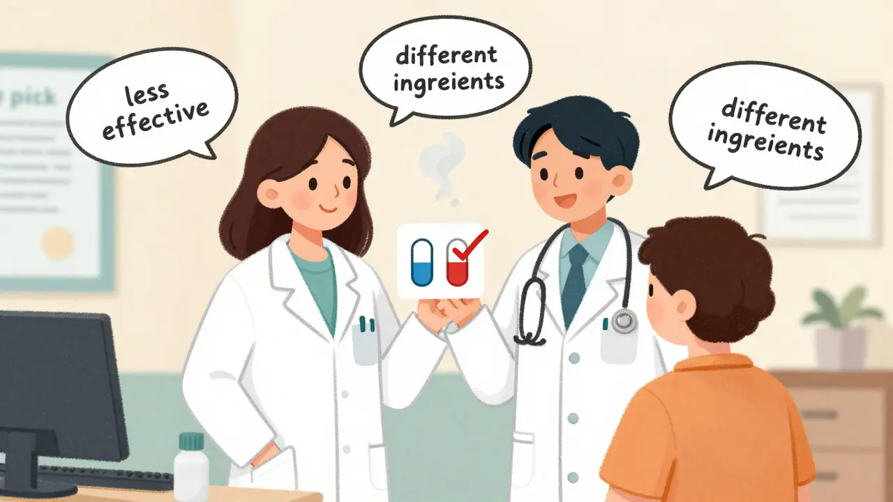 Doctor and patient using teach-back method, with floating misconceptions dissolving around them.