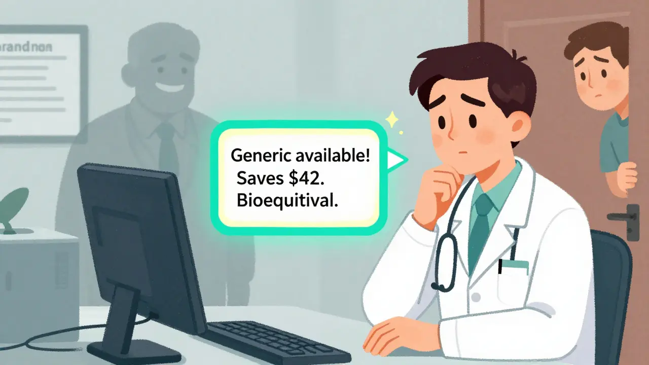 Doctor hesitating at an EHR screen with a pop-up alert showing cost savings for a generic drug.