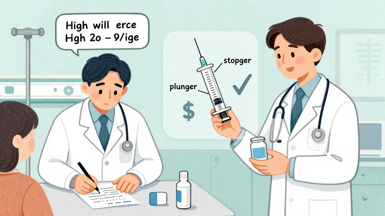 Doctor prescribing antibiotic combo: left side shows expensive brand, right side shows affordable generic with syringe mechanism visible.