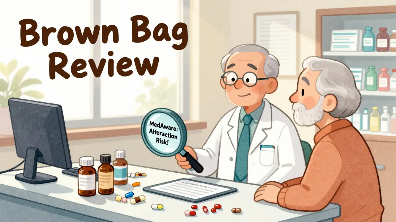 Elderly patient and pharmacist reviewing pills on a table, with an AI alert visible on a tablet.