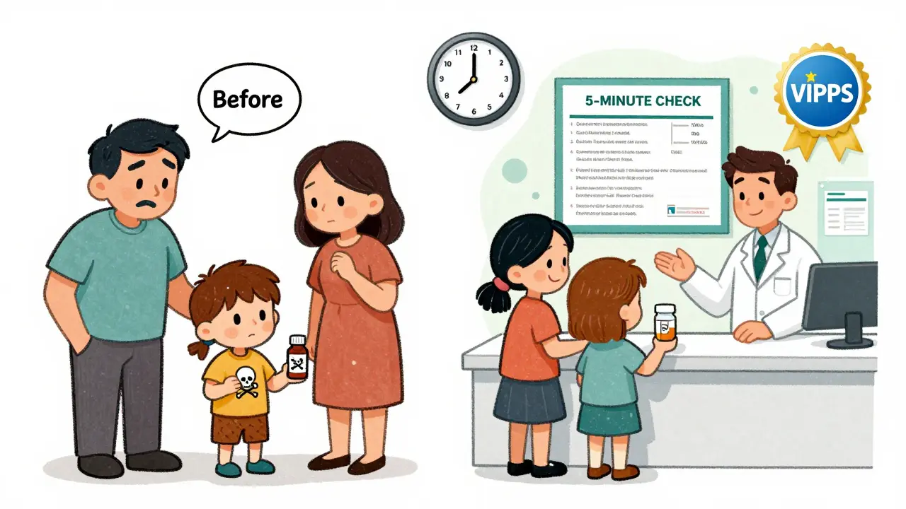 Family comparing dangerous fake medicine to safe pharmacy care with a visible license and pharmacist.