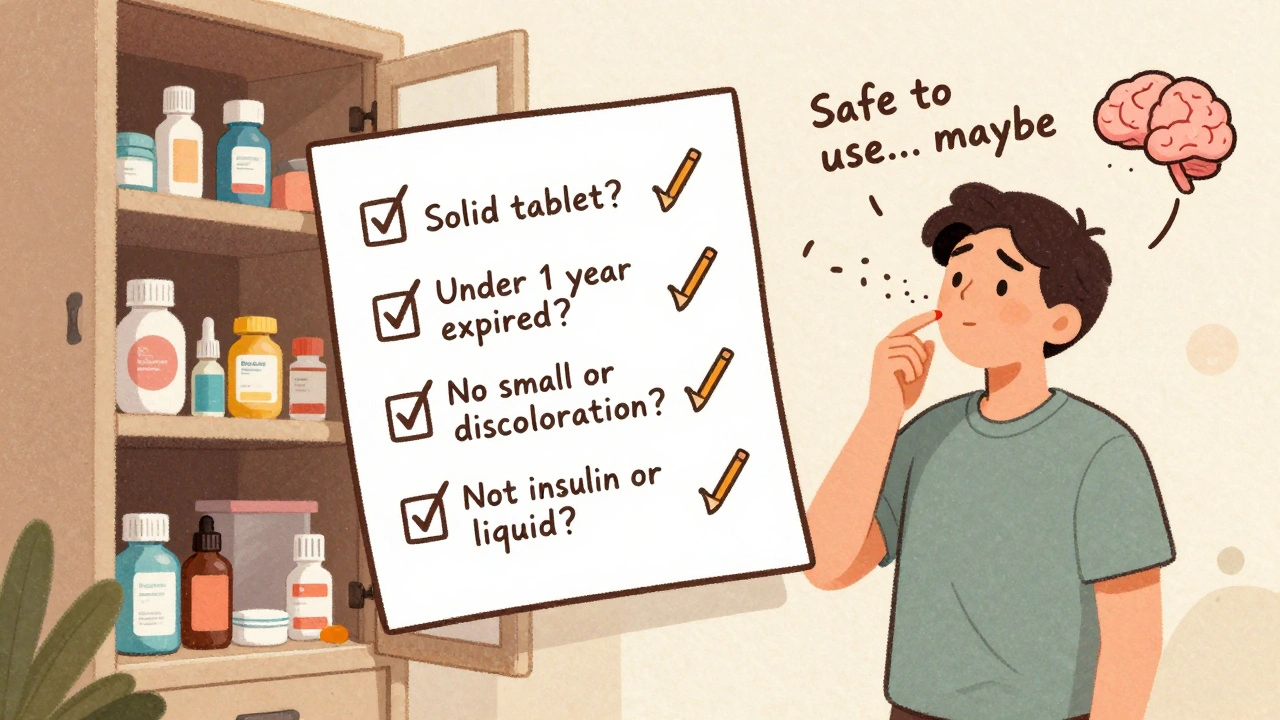 Floating medical checklist beside a medicine cabinet, guiding safe use of expired pills.